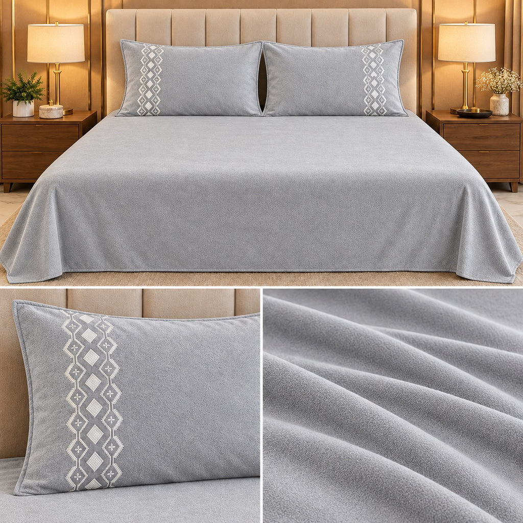 Embroidered Winter Bedsheet Set – King Size 3 Pcs | Ultra Soft Luxury Bedsheet with Designer Pillow Covers