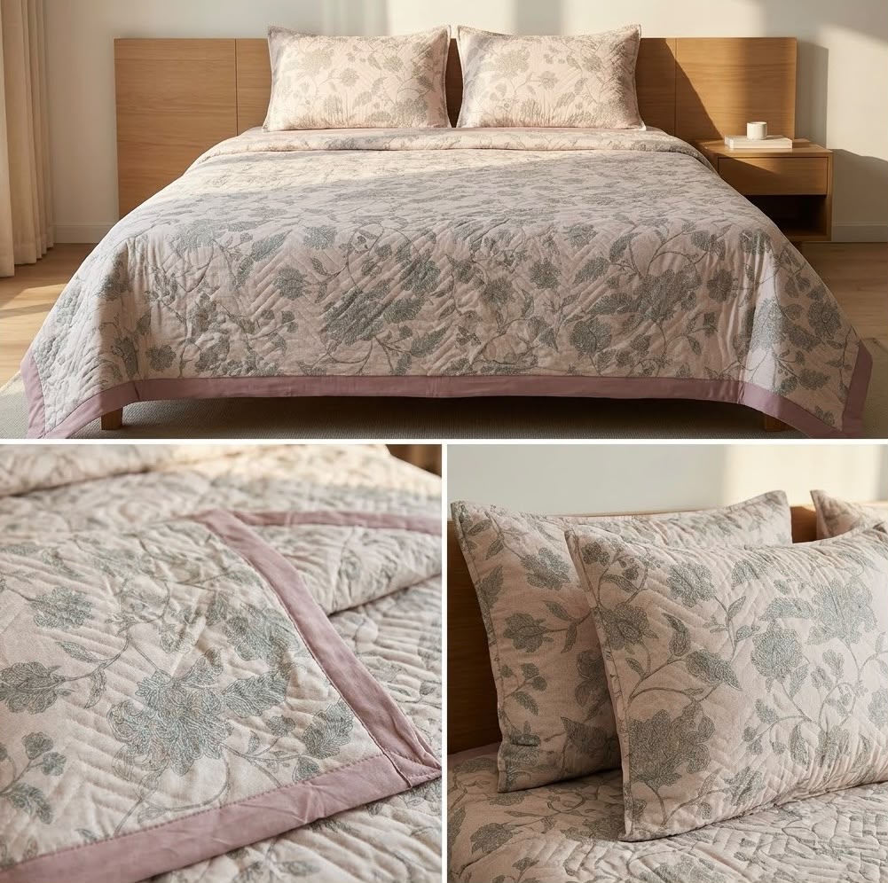Luxury Floral Quilted Bedcover Set with Elegant Border Detailing – King Size (3 Pcs)