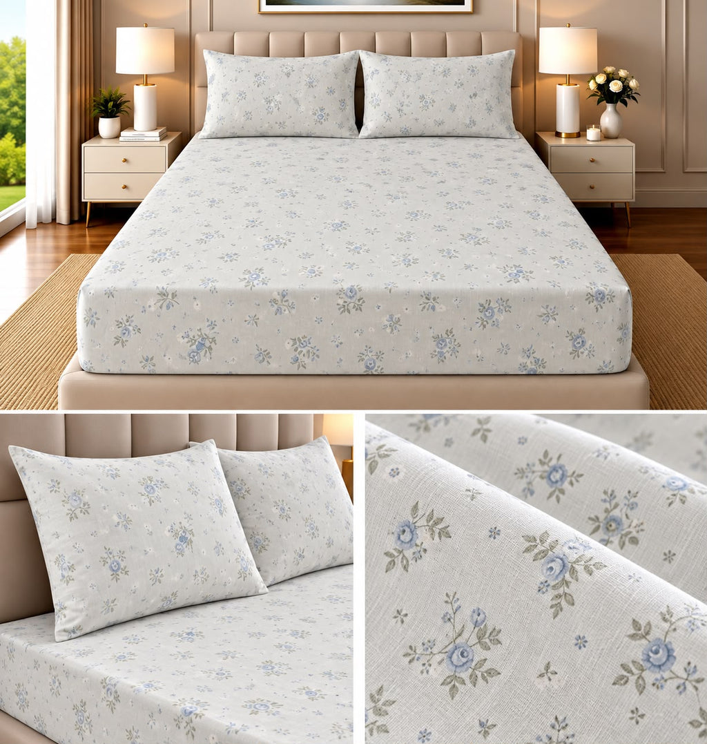 Elegance Pure Cotton King Size Fitted Bedsheet – 3 Piece Set with 2 Pillow Covers
