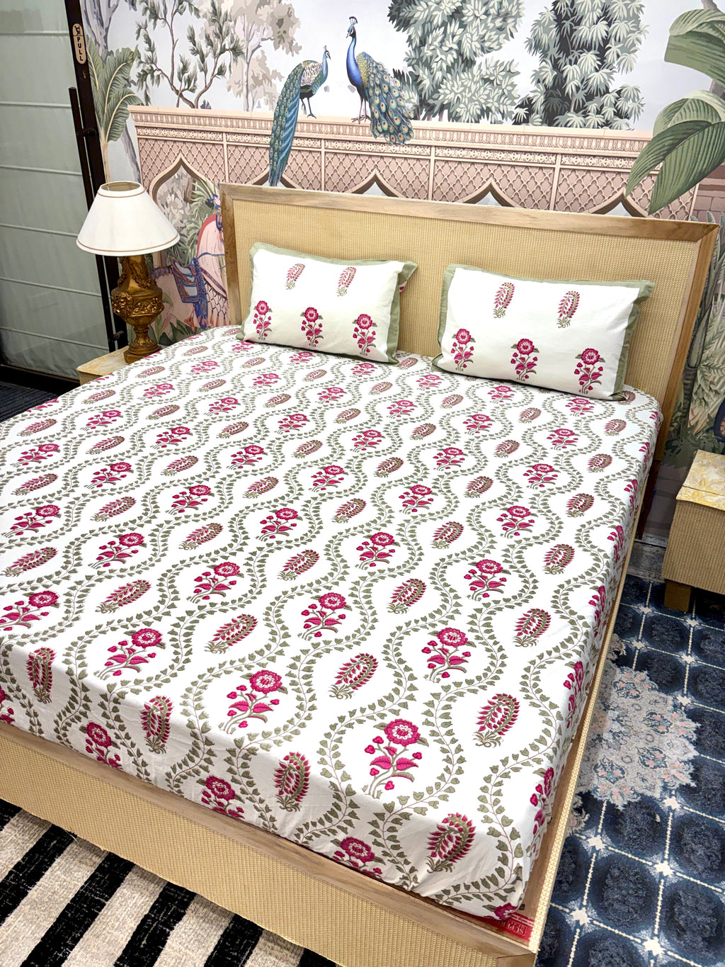 Block Prints Pure Cotton Printed Fitted Bedsheet Set with 2 Pillow Covers