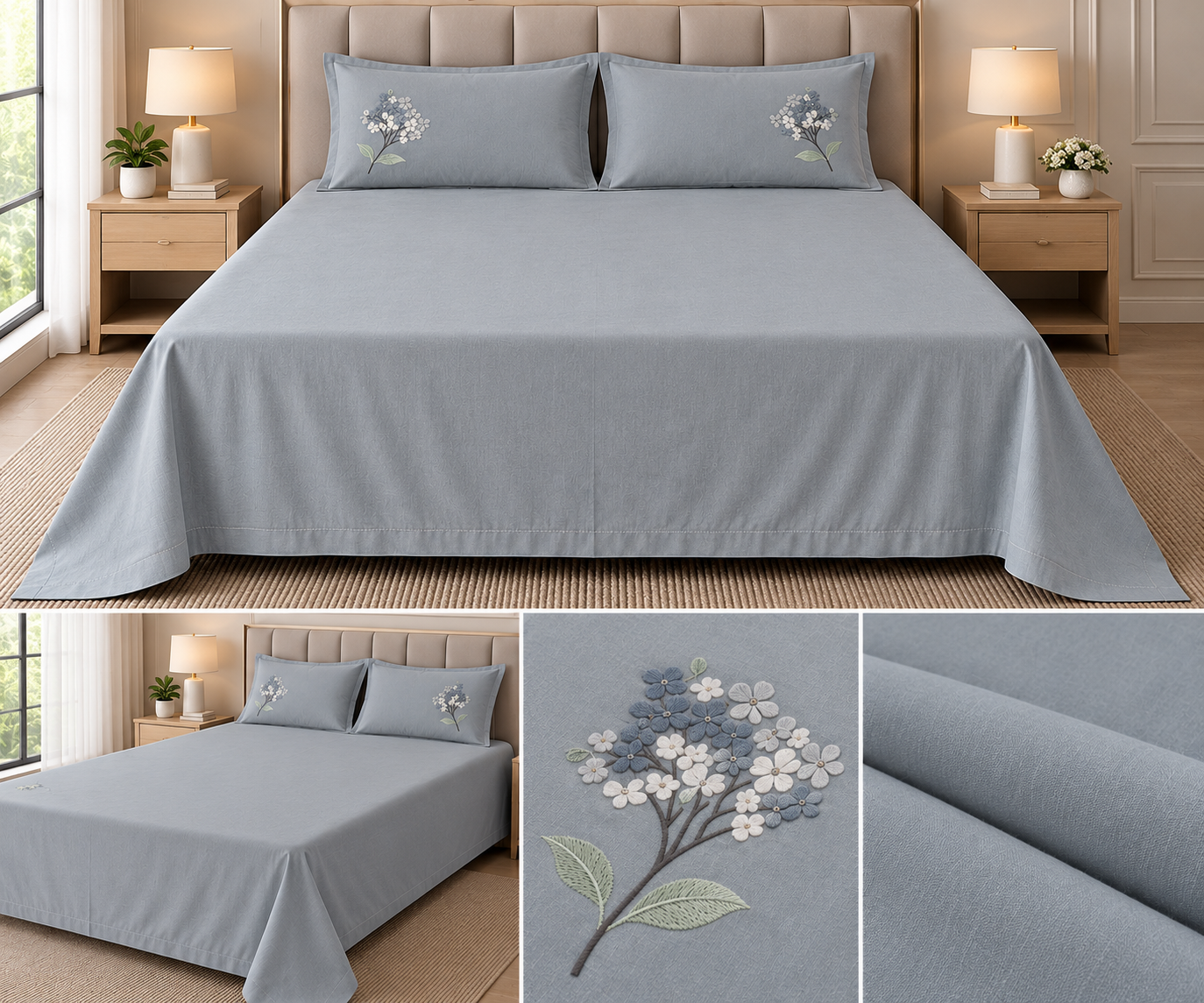Soft Thick Cotton King Size Bedsheet with Embroidered Pillow Covers