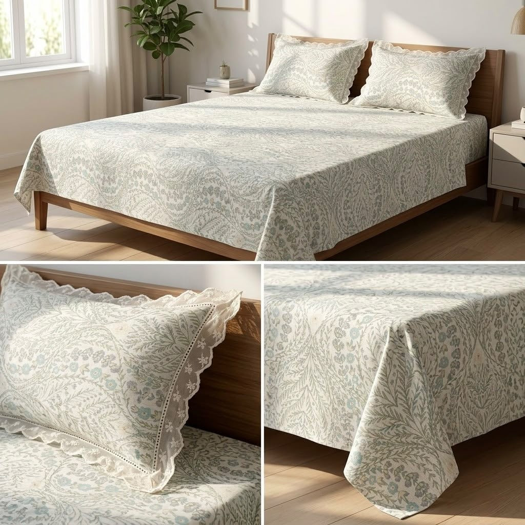 Premium 300 TC Pure Cotton Bedsheet Set with Designer Lace Pillow Covers – King Size 108 x 108 Inch