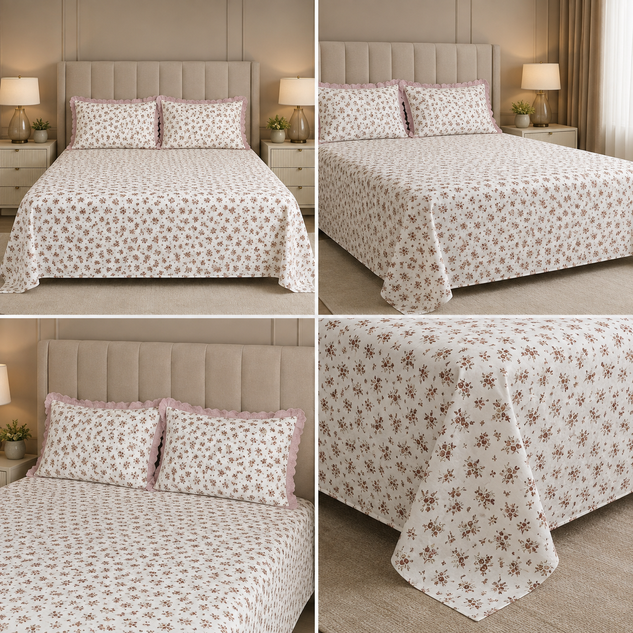English Floral Print King Size Bedsheet with Lace Pillow Covers – 250 × 270 cm