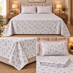 English Floral Print King Size Bedsheet with Lace Pillow Covers – 3 Pcs Set