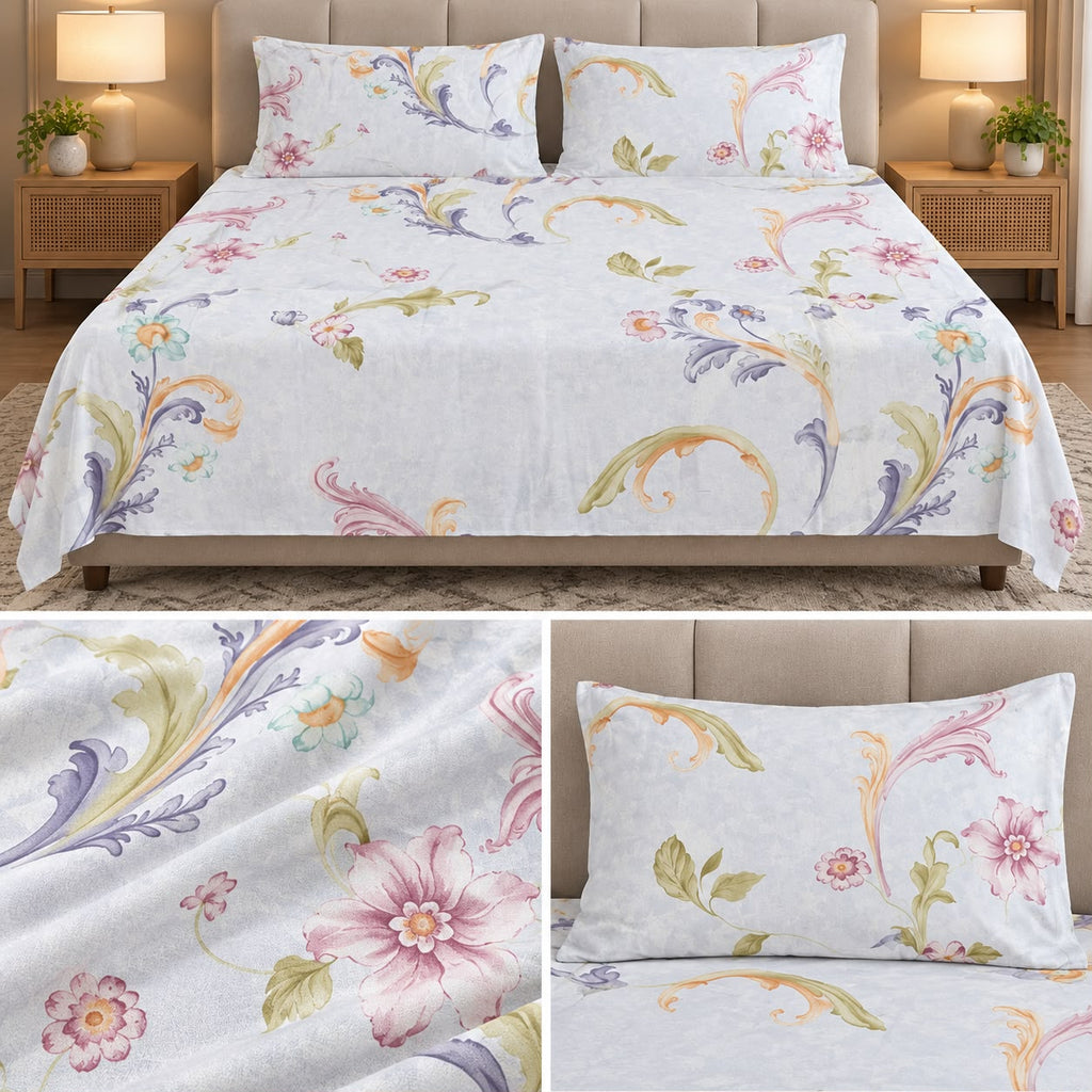 Midnight Bloom Premium Pure Cotton Floral Bedsheet Set – Jumbo King Size 3 Pcs (122 × 122 Inches)