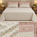 Blush Meadow Luxury Linen Bedsheet Set with Floral Embroidery & Lace Pillow Covers – King Size 3 Pcs