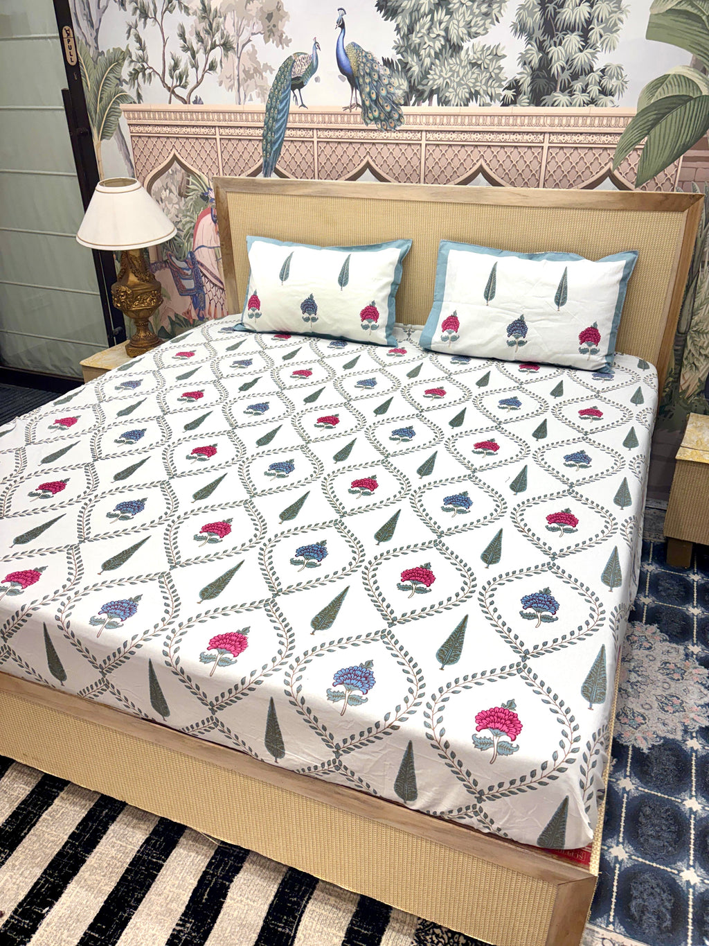 Block Prints Pure Cotton Printed Fitted Bedsheet Set with 2 Pillow Covers