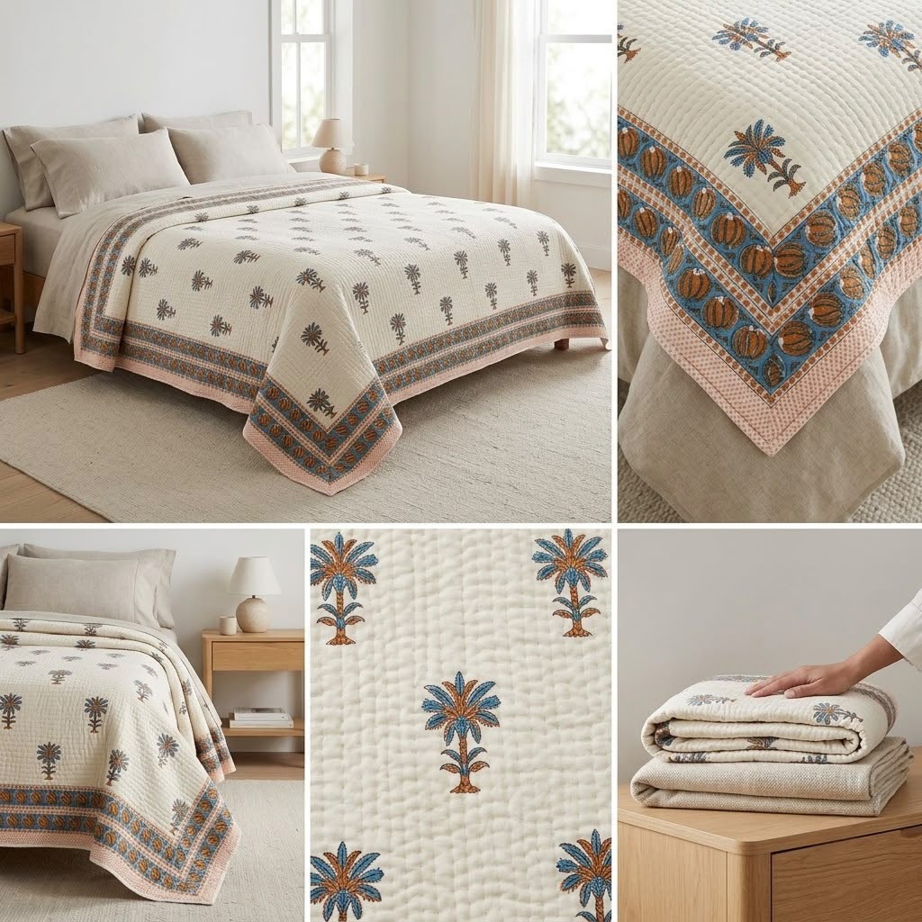 Palm Bloom Quilted Bedcover – Single Piece | No Pillow Covers