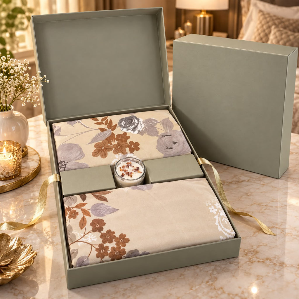 Premium Luxury Bedsheet Gift Box – 3 Piece King Size Bedsheet Set with Perfumed Candle