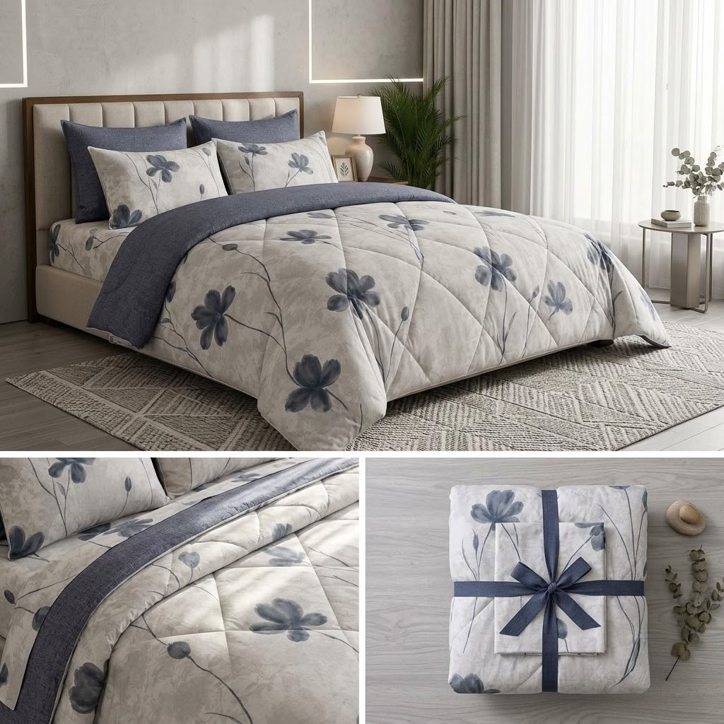 Super Soft 4 Pcs Premium Ribbed Cotton Comforter Set - King Size Product Code :- 55B195RKEH