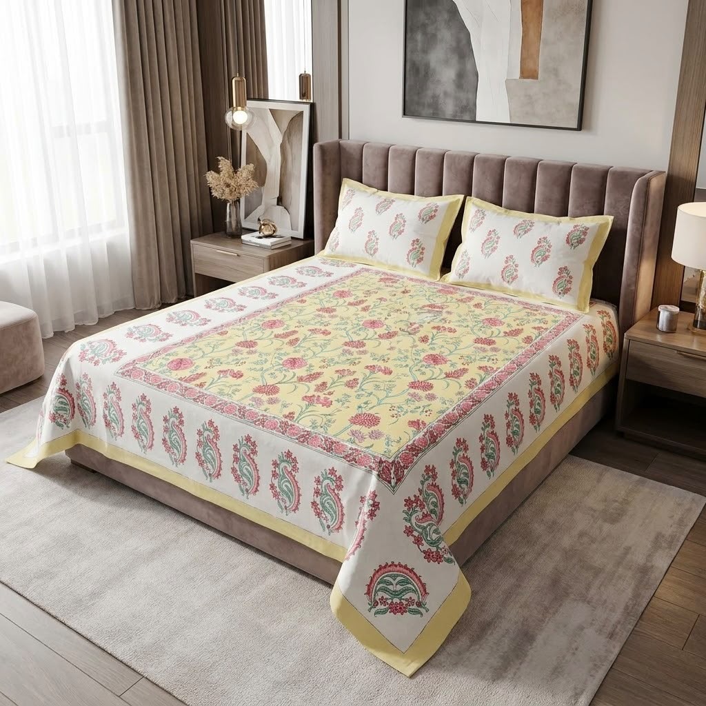 Heritage Block Print Cotton Bedsheet Set – King Size 3 Pcs