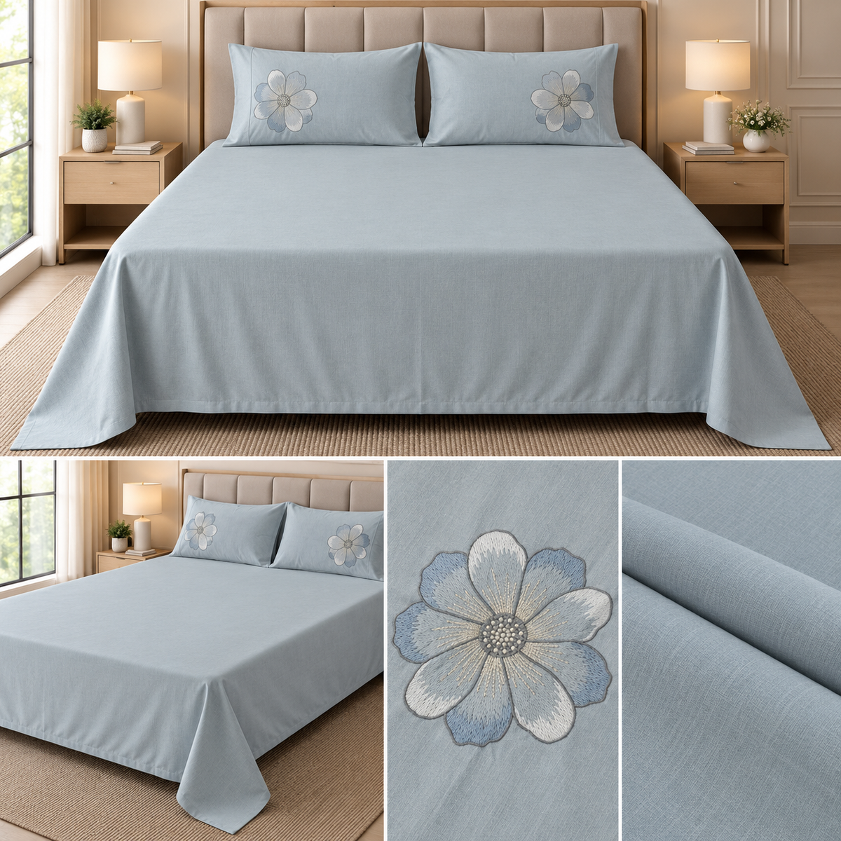 Soft Thick Cotton King Size Bedsheet with Embroidered Pillow Covers