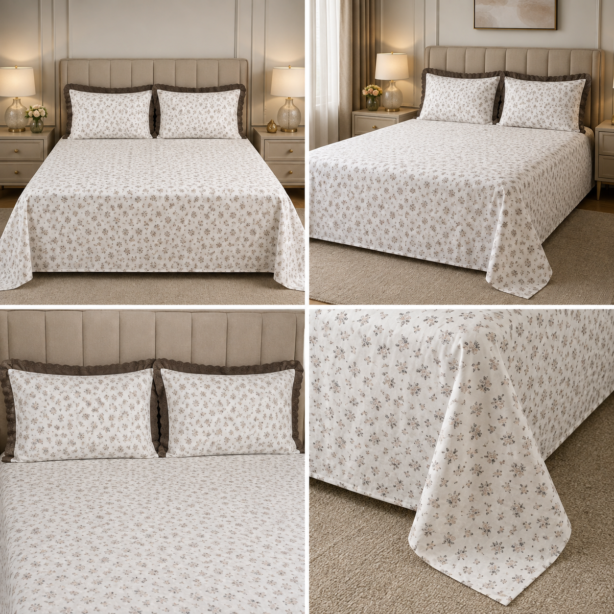 English Floral Print King Size Bedsheet with Lace Pillow Covers – 250 × 270 cm