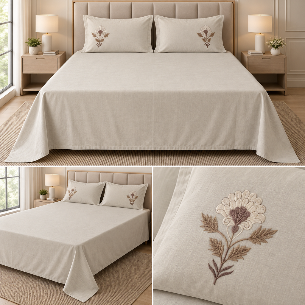 Soft Thick Cotton King Size Bedsheet with Embroidered Pillow Covers