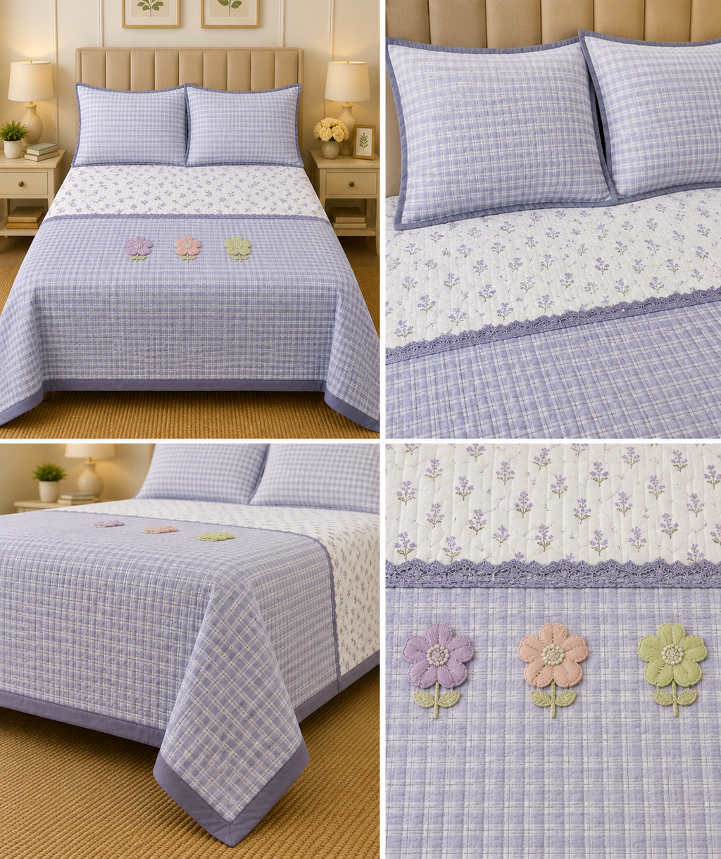 Gingham King Size Quilted Bedcover with 3 Beautiful 3D Floral Appliqué | Product Code :- 55B185RKEH