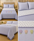 Gingham King Size Quilted Bedcover with 3 Beautiful 3D Floral Appliqué | Product Code :- 55B185RKEH