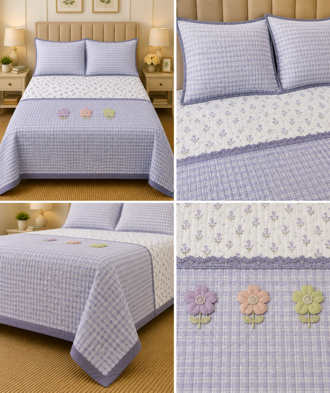 Gingham King Size Quilted Bedcover with 3 Beautiful 3D Floral Appliqué | Product Code :- 55B185RKEH