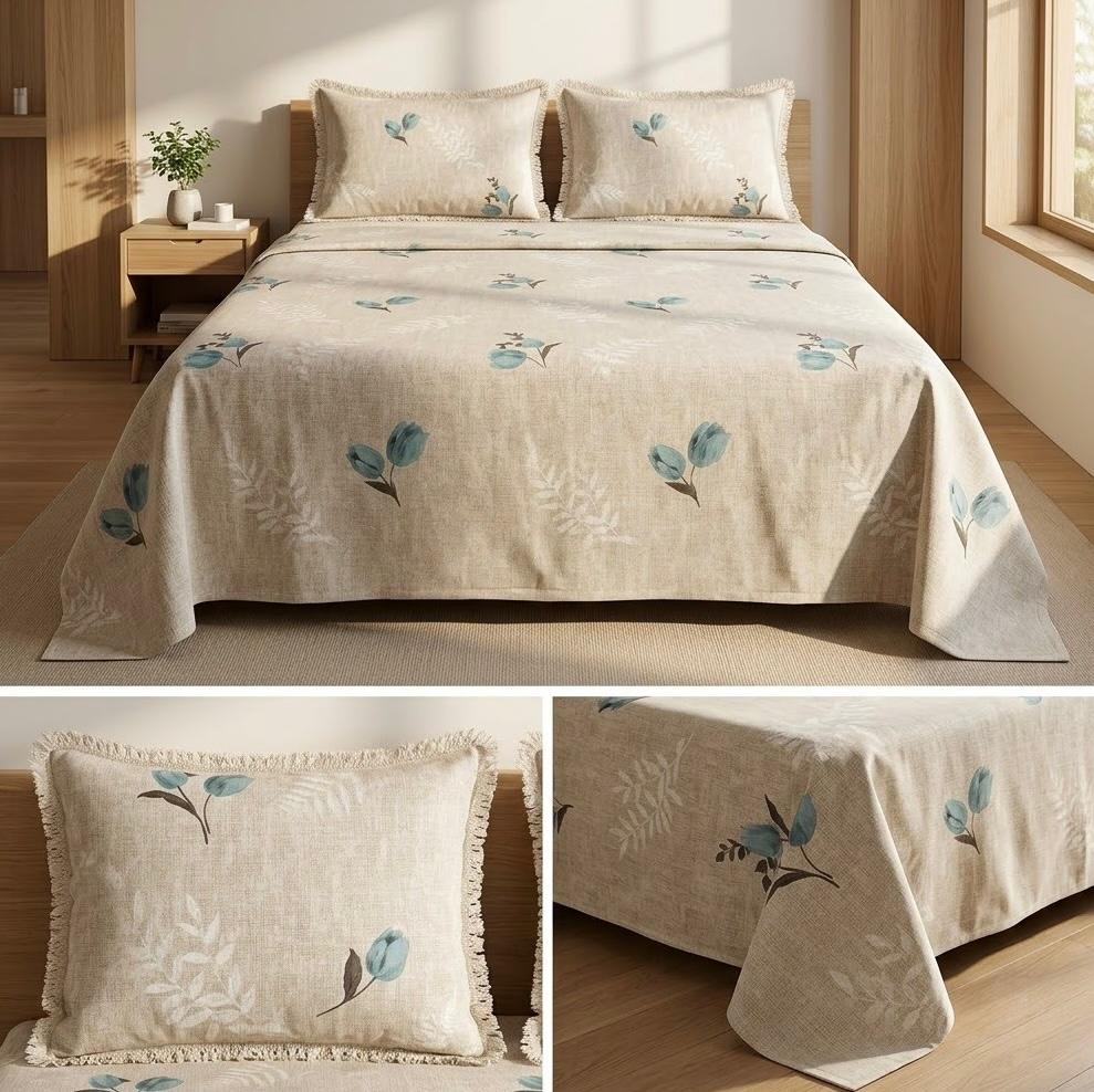 Designer Cotton Bedsheet Set with Elegant Tassel Fringe Pillow Covers – King Size (3 Pcs)