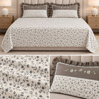 Blush Meadow Luxury Linen Bedsheet Set with Floral Embroidery & Lace Pillow Covers – King Size 3 Pcs
