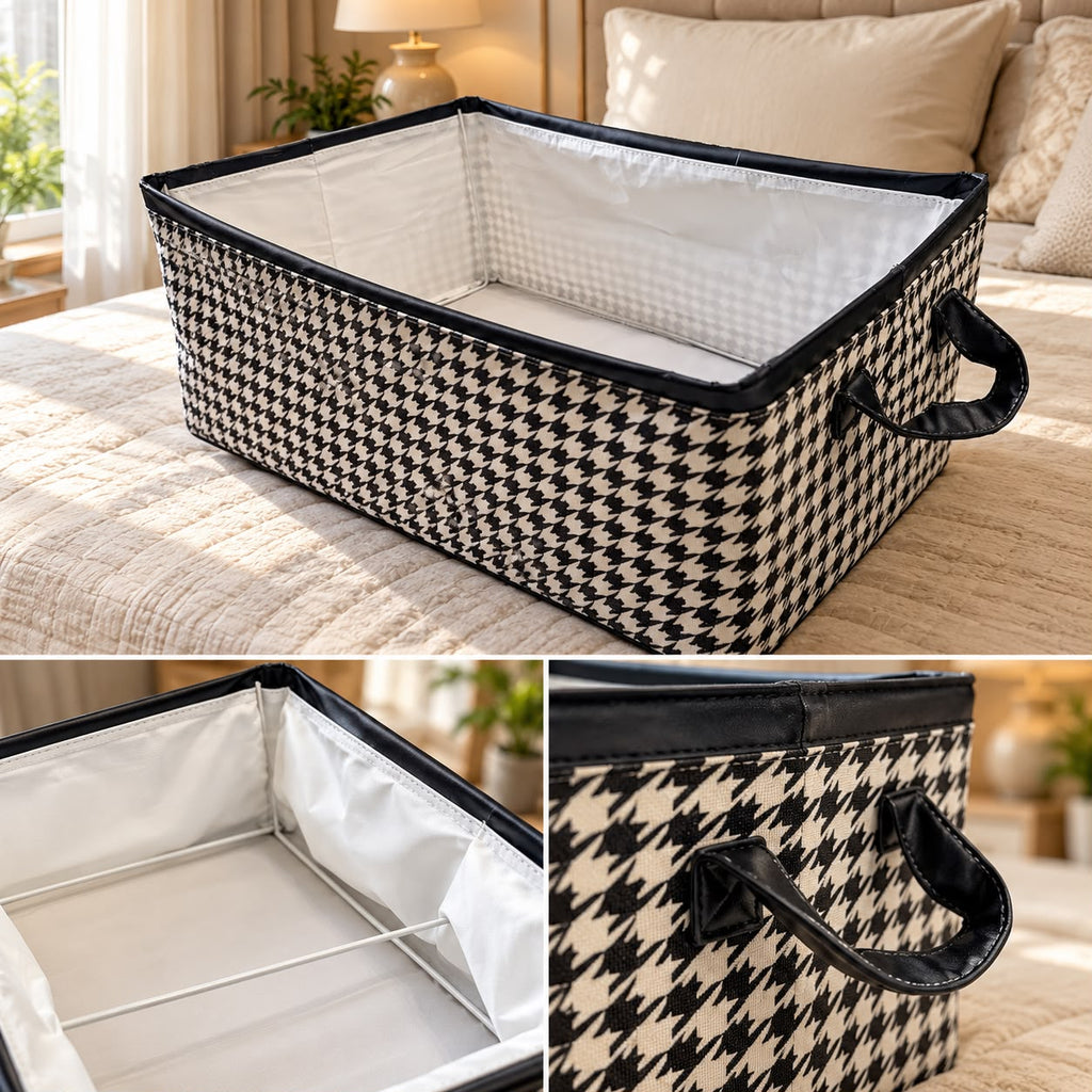 Foldable Storage Organizer Basket – Black & White Houndstooth Design