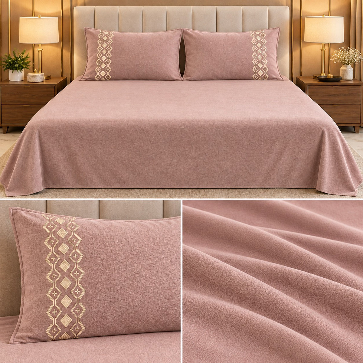 Embroidered Winter Bedsheet Set – King Size 3 Pcs | Ultra Soft Luxury Bedsheet with Designer Pillow Covers