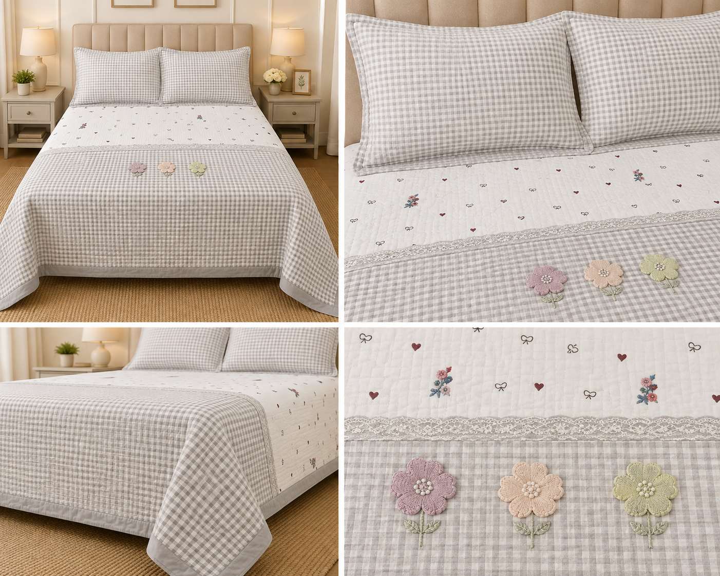 Gingham King Size Quilted Bedcover with 3 Beautiful 3D Floral Appliqué | Product Code :- 55B185RKEH