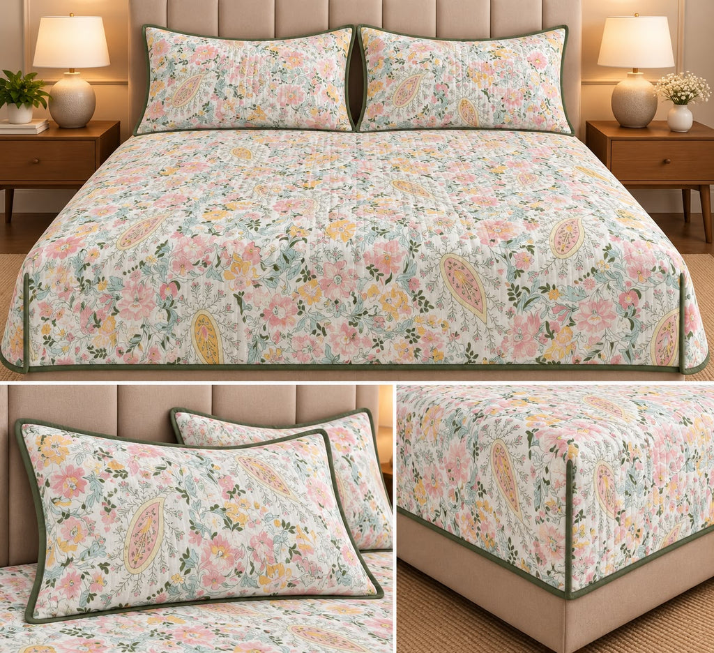 Vintage Bloom Quilted Bedcover Set – King Size 3 Pcs 100 % Pure Cotton