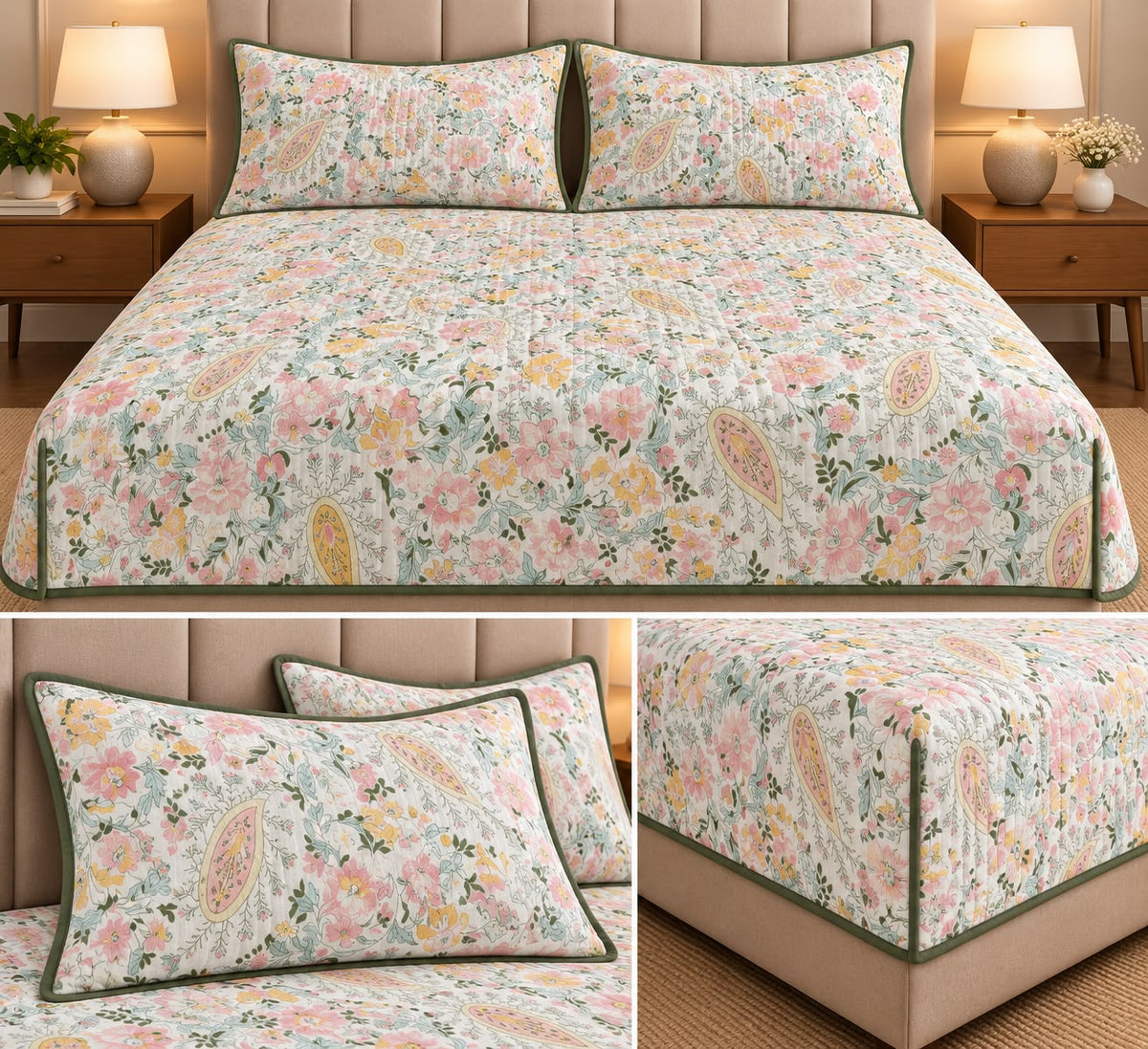 Vintage Bloom Quilted Bedcover Set – King Size 3 Pcs 100 % Pure Cotton