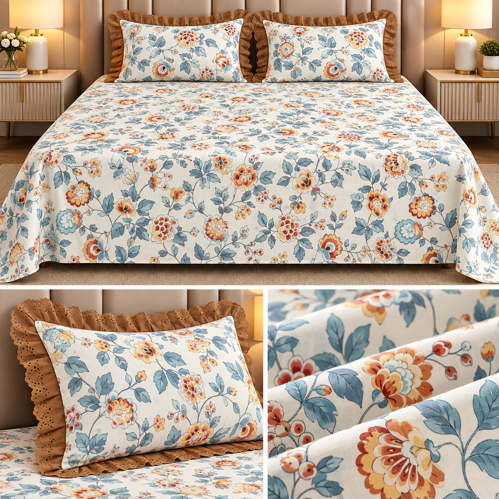 English Garden Premium Cotton Floral Bedsheet Set with Designer Lace Pillow Covers – 108 x 108 Inch