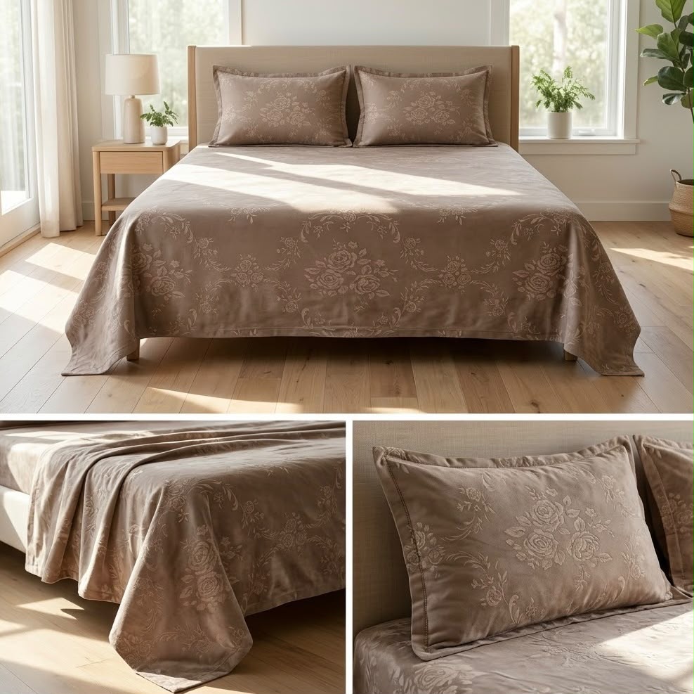 Warm Embossed Rose Floral Fitted Bedsheet Set – King Size (3 Pcs)