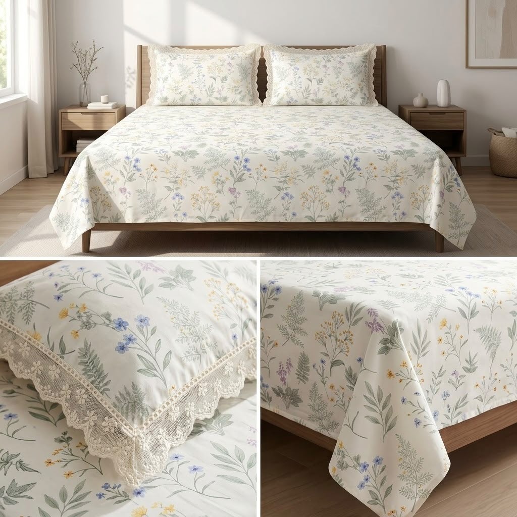 Premium 300 TC Pure Cotton Bedsheet Set with Designer Lace Pillow Covers – King Size 108 x 108 Inch