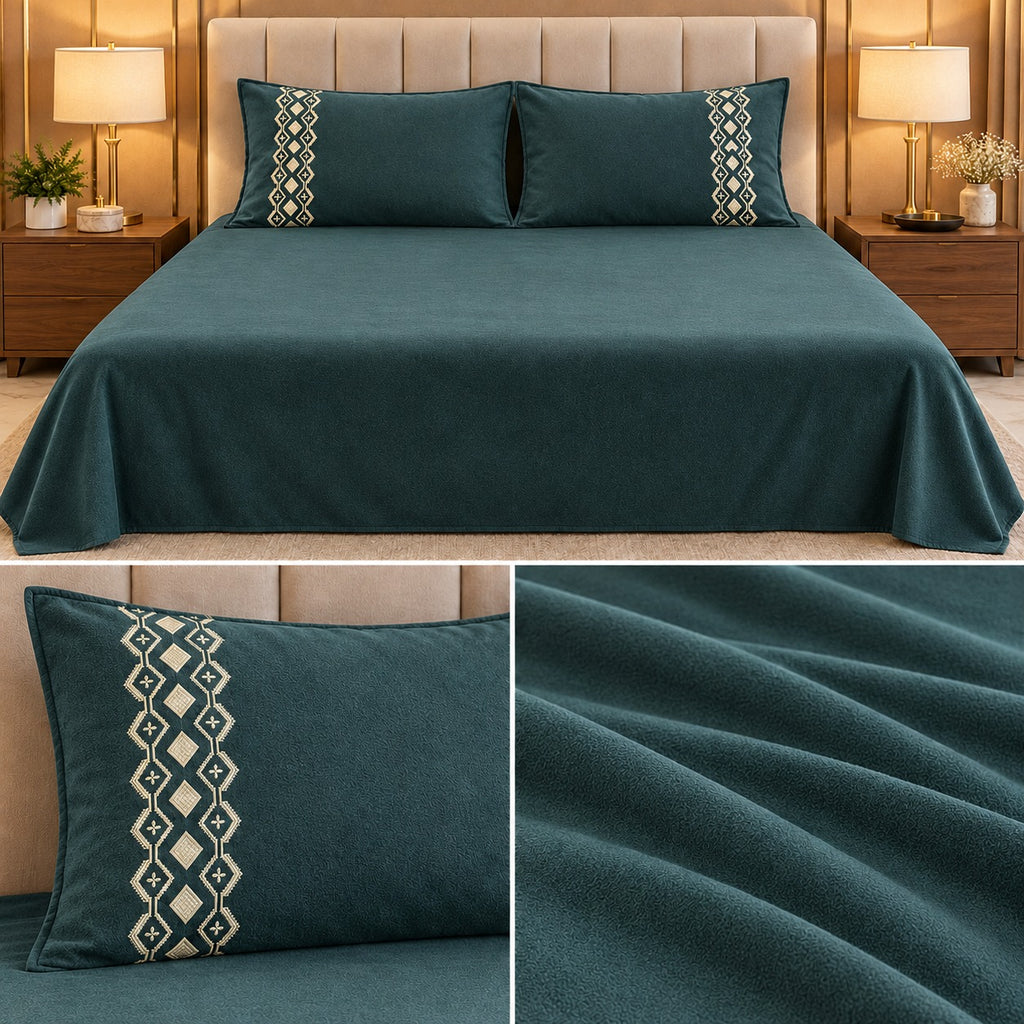 Embroidered Winter Bedsheet Set – King Size 3 Pcs | Ultra Soft Luxury Bedsheet with Designer Pillow Covers