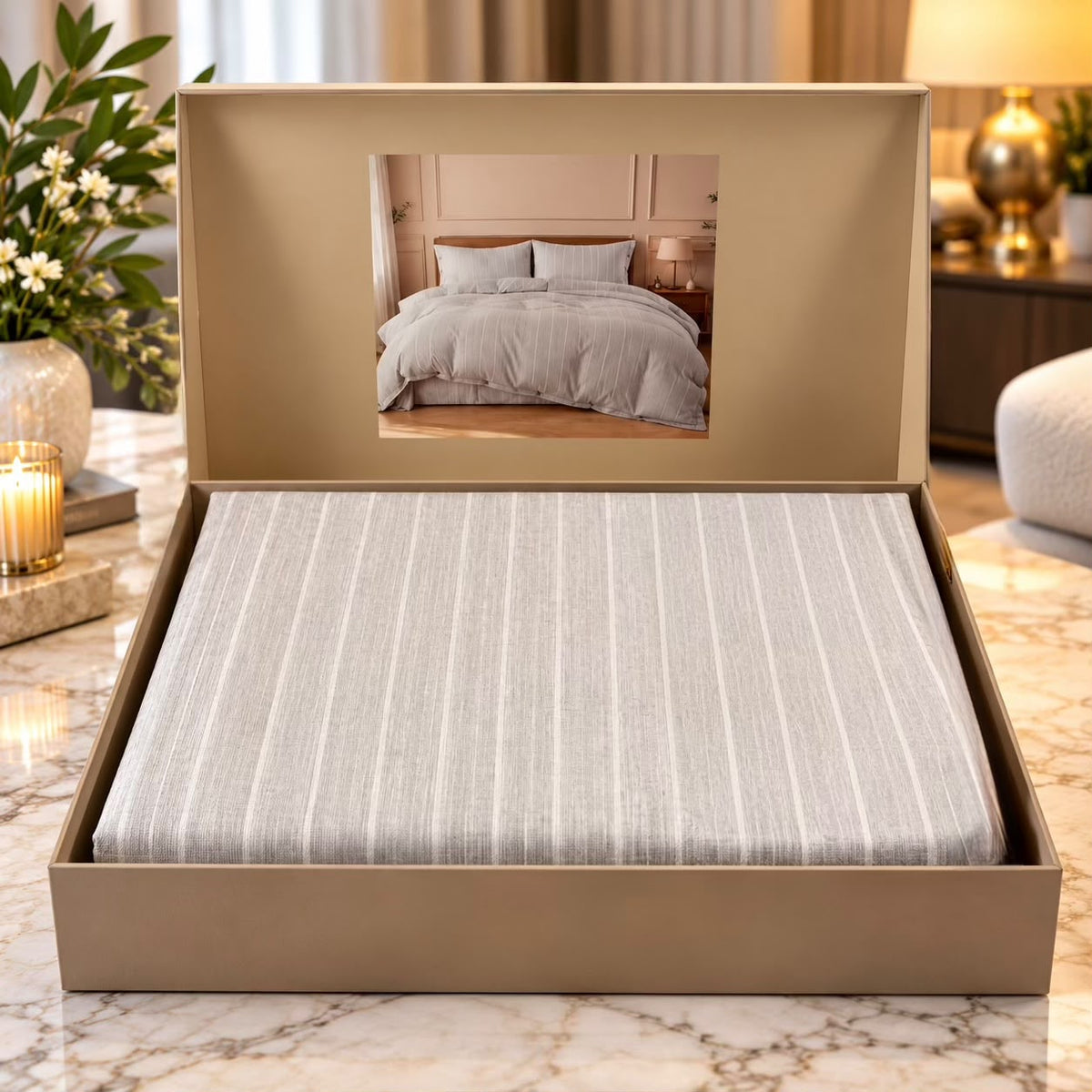 Luxe Stripes Premium Bedsheet Gift Box – Elegant King Size 3 Piece Bedding Set