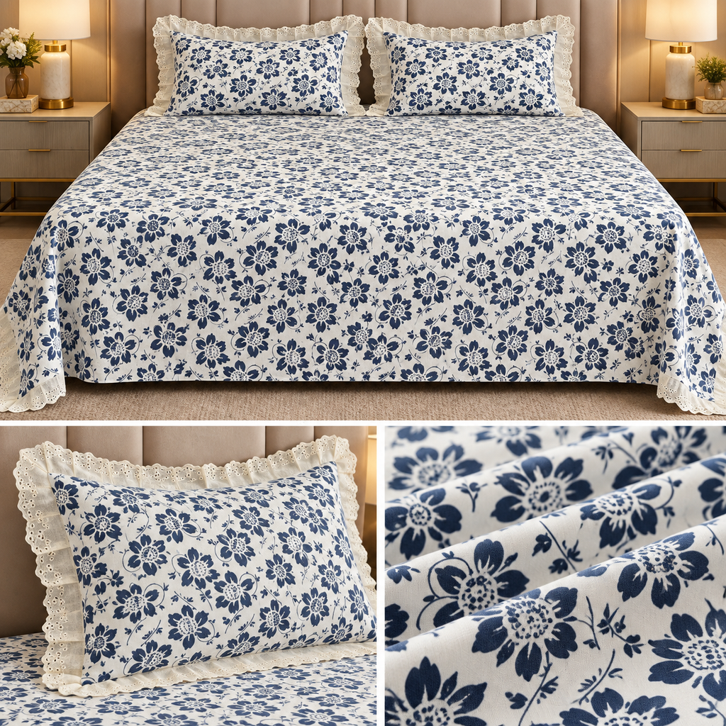 English Garden Premium Cotton Floral Bedsheet Set with Designer Lace Pillow Covers – 108 x 108 Inch