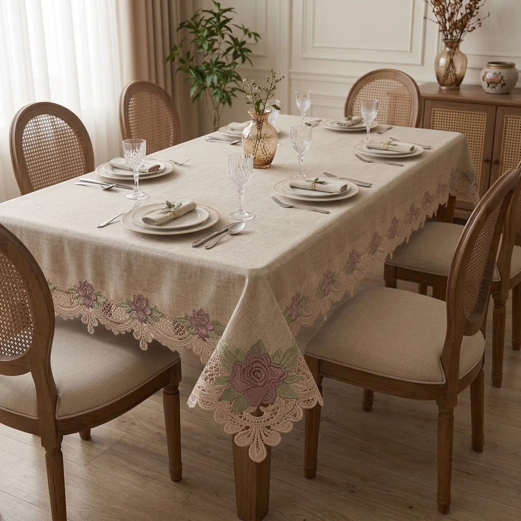 Premium Crochet (Brown Flower) Lace Dining Table Cover –4, 6 & 8 Seater Product Code :- 55B115RKEH, 55B175RKEH, 55B215RKEH