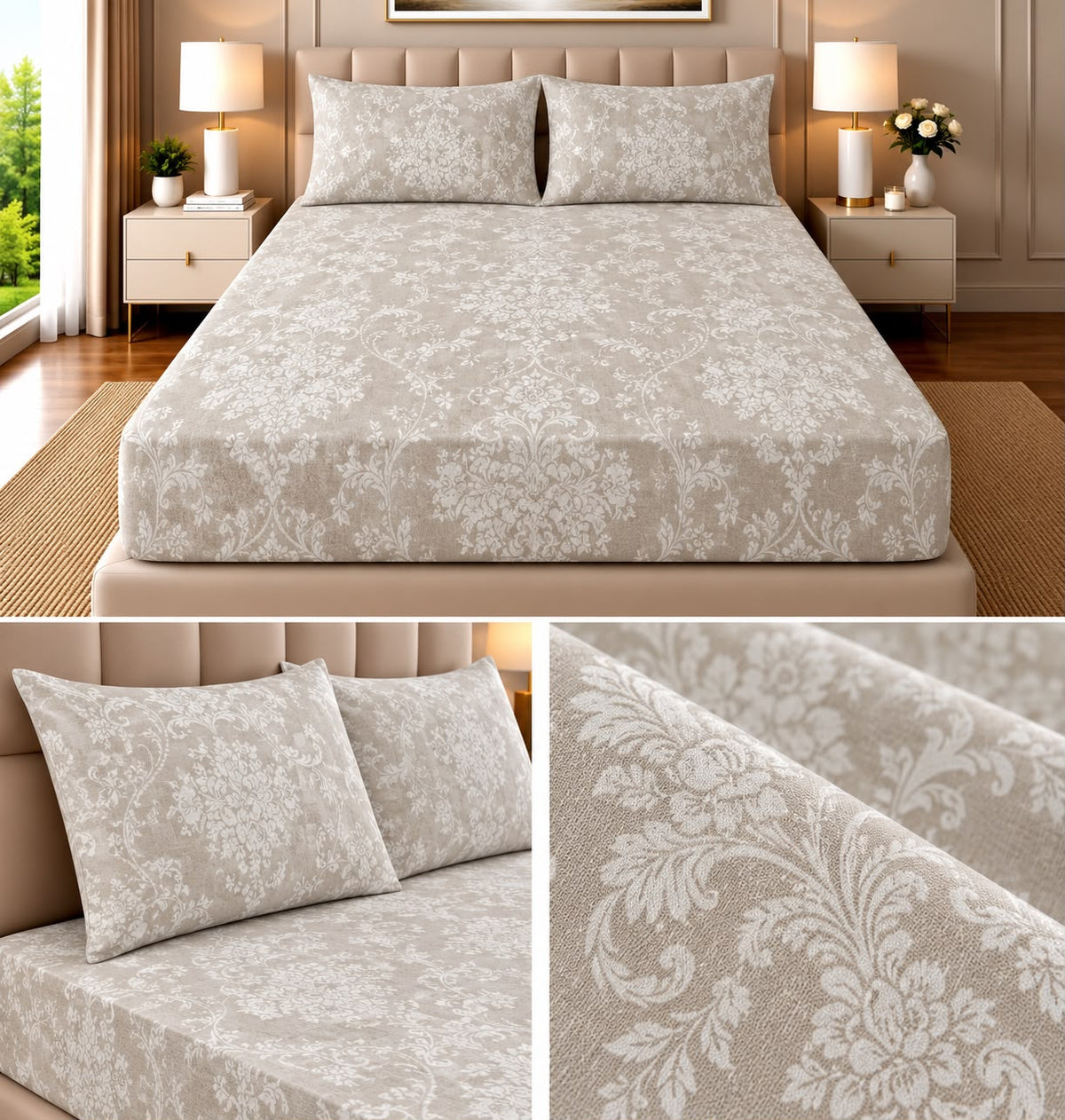 Elegance Pure Cotton King Size Fitted Bedsheet – 3 Piece Set with 2 Pillow Covers