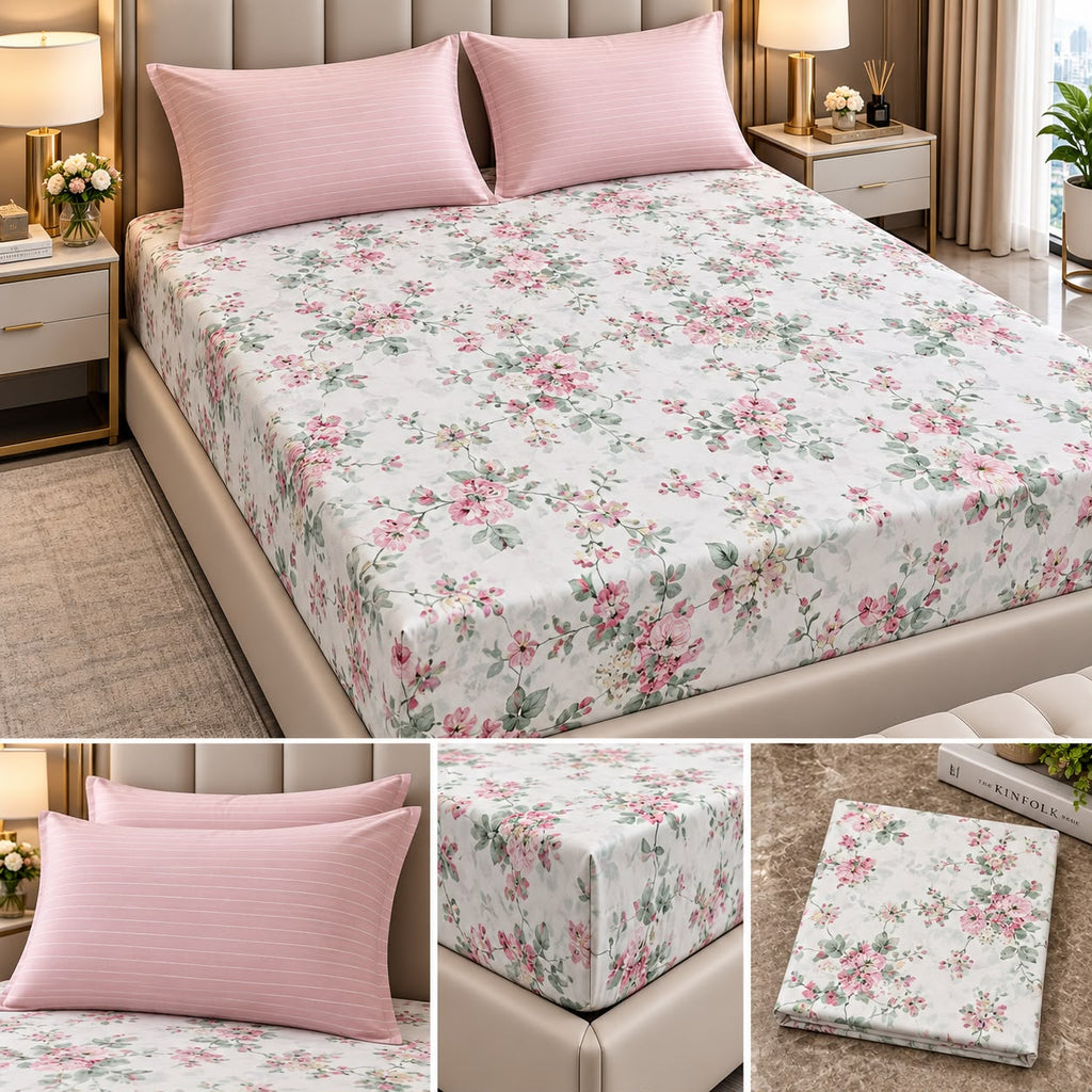 Wildflower Whisper 100% Pure Cotton Fitted Bedsheet Set