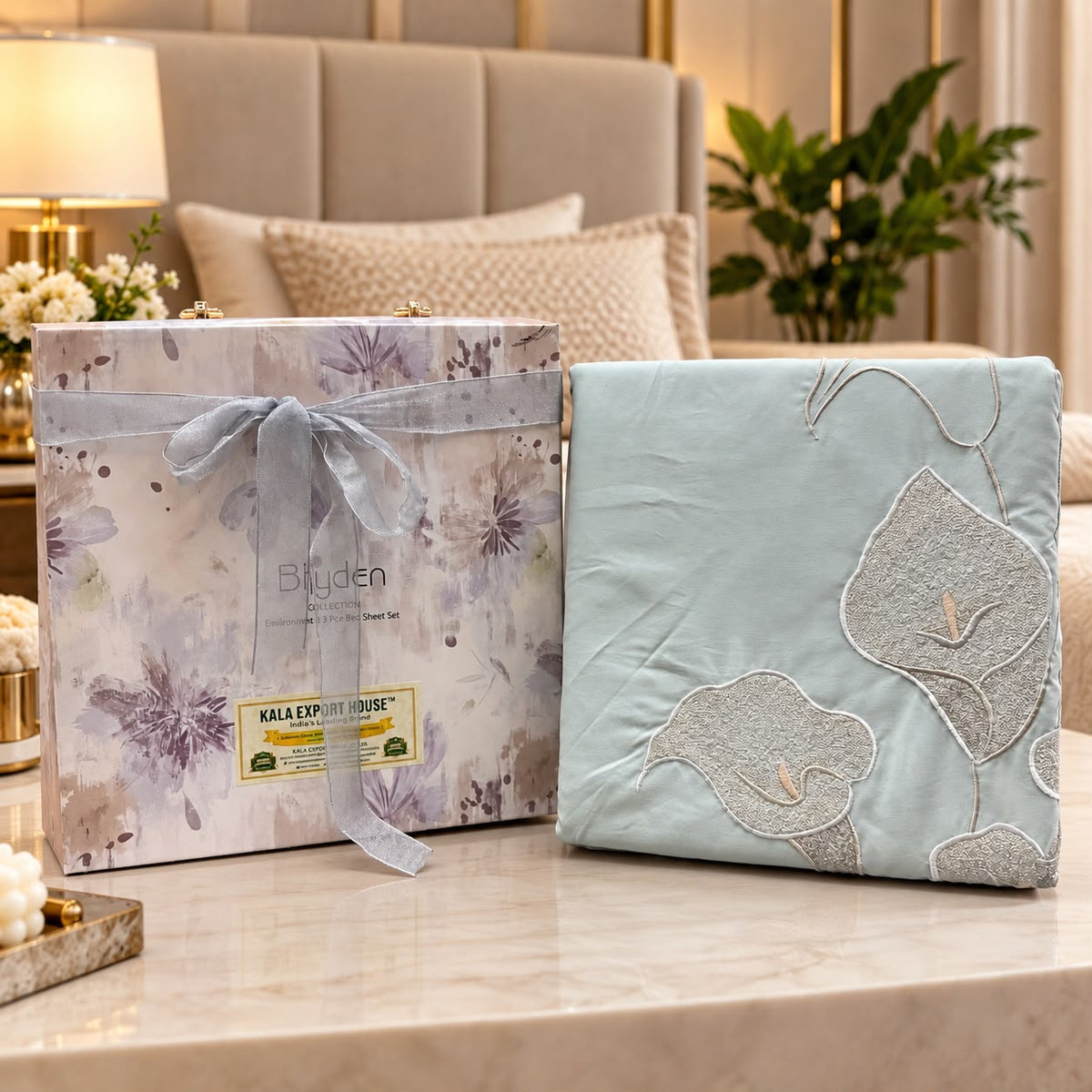 Moonlit Calla Luxe Embroidered Gift Box Bedsheet Set – 3 Pcs