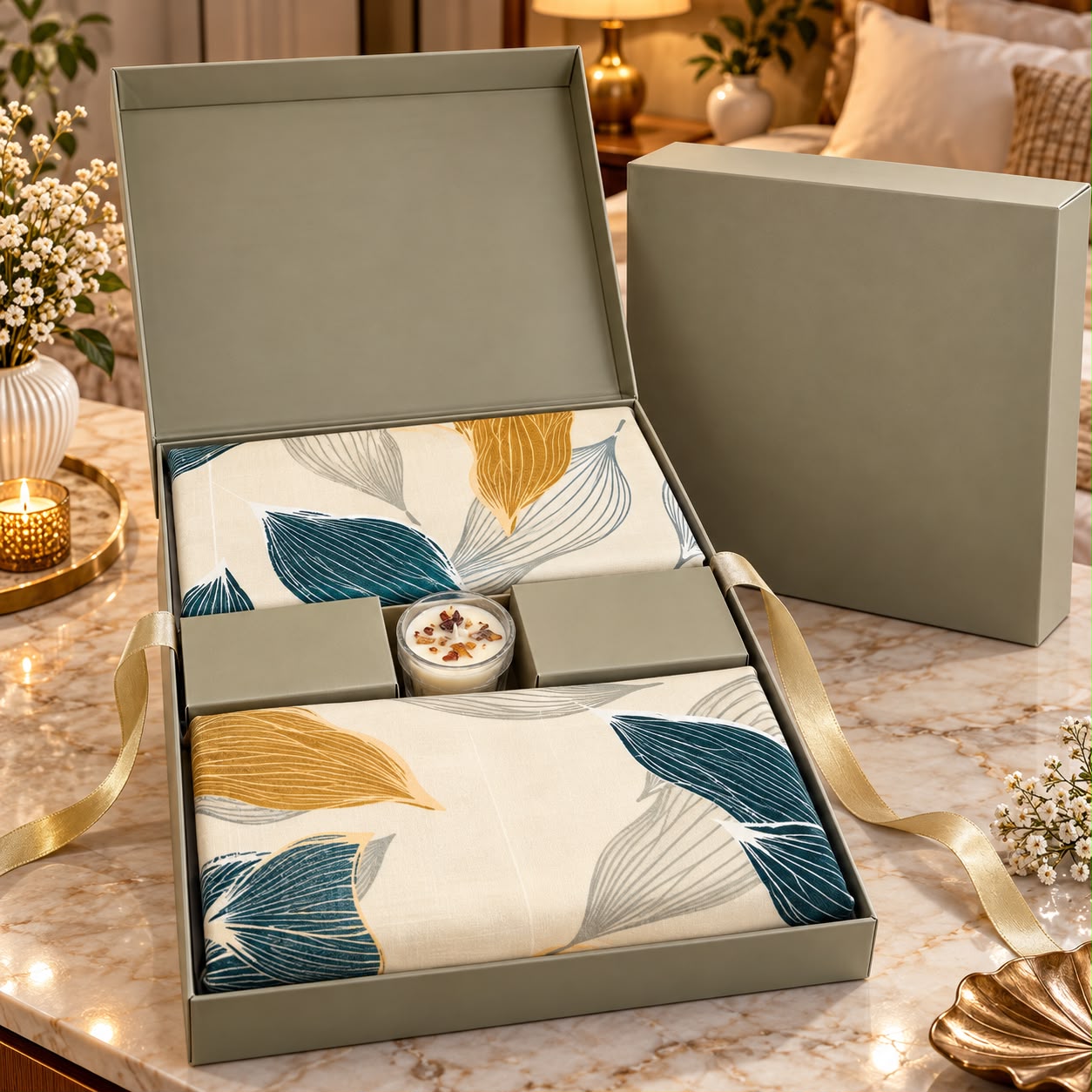 Premium Luxury Bedsheet Gift Box – 3 Piece King Size Bedsheet Set with Perfumed Candle