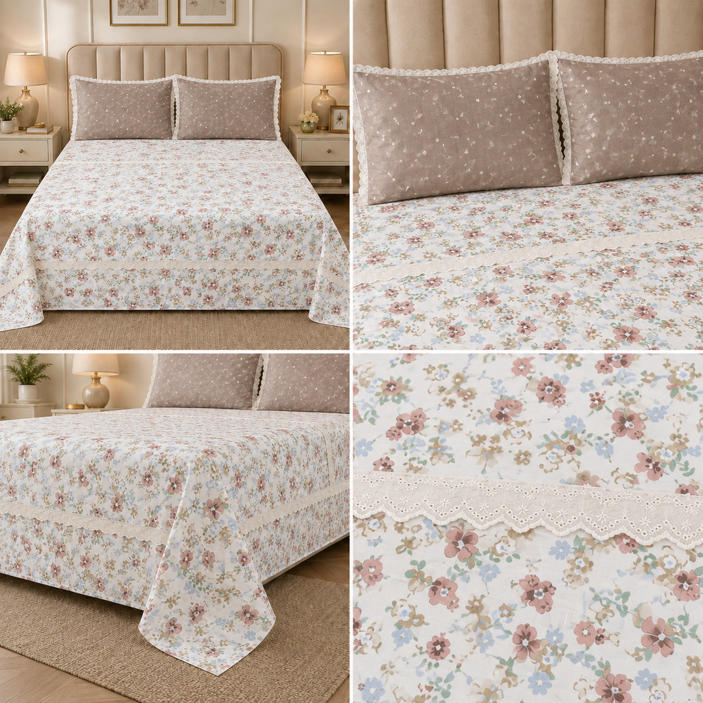 Victorian English Print King Size Bedsheet with Lace Product Code :- 55B99RKEH