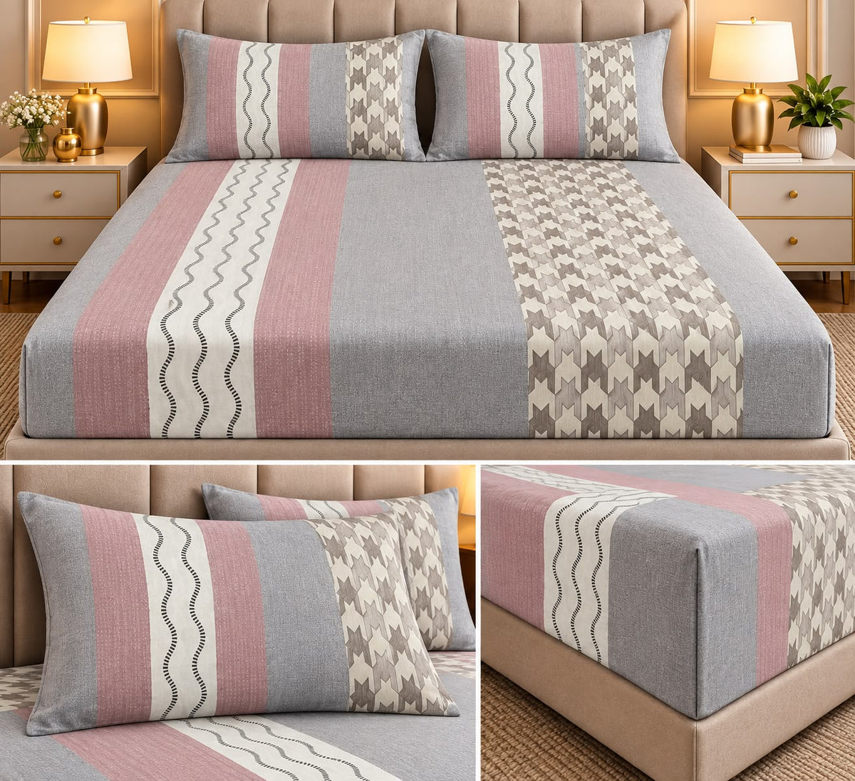 Elegance 100% Cotton King Size Fitted Bedsheet Set – 3 Pcs