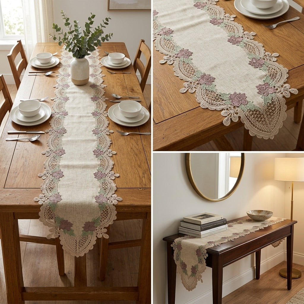 Elegant Floral Embroidered Turkish Table Runner (70 x 16 Inches)