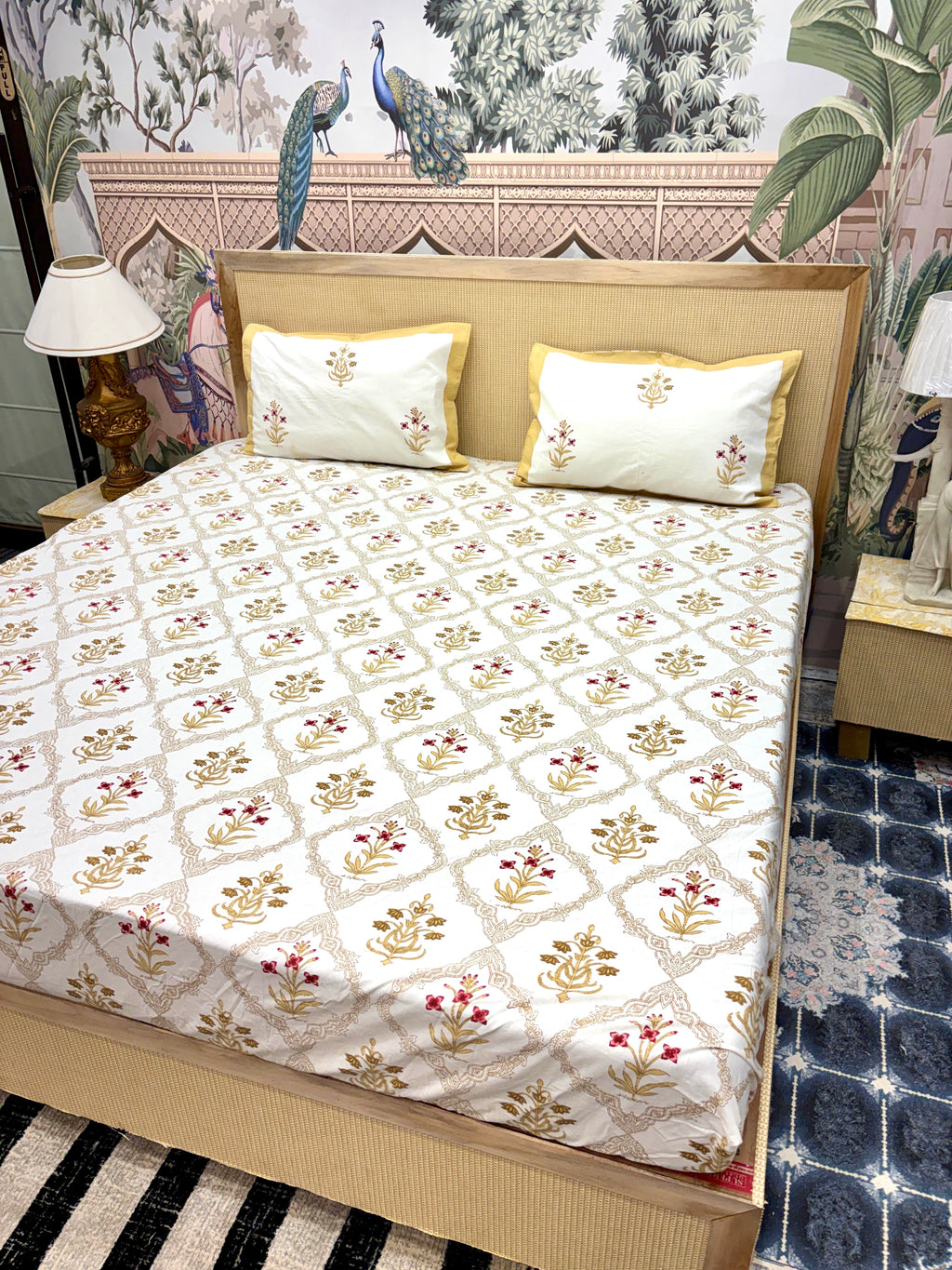 Block Prints Pure Cotton Printed Fitted Bedsheet Set with 2 Pillow Covers