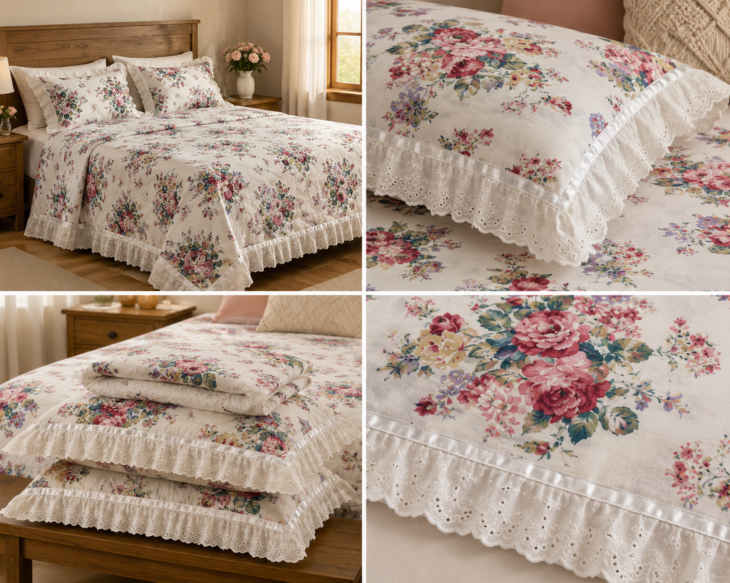 Floral King Size Bedsheet with Designer Lace Pillow Covers (108 x 108 Inches) Product Code:- 55B1150RKEH
