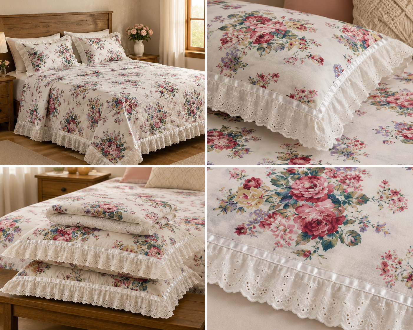 Floral King Size Bedsheet with Designer Lace Pillow Covers (108 x 108 Inches) Product Code:- 55B1150RKEH