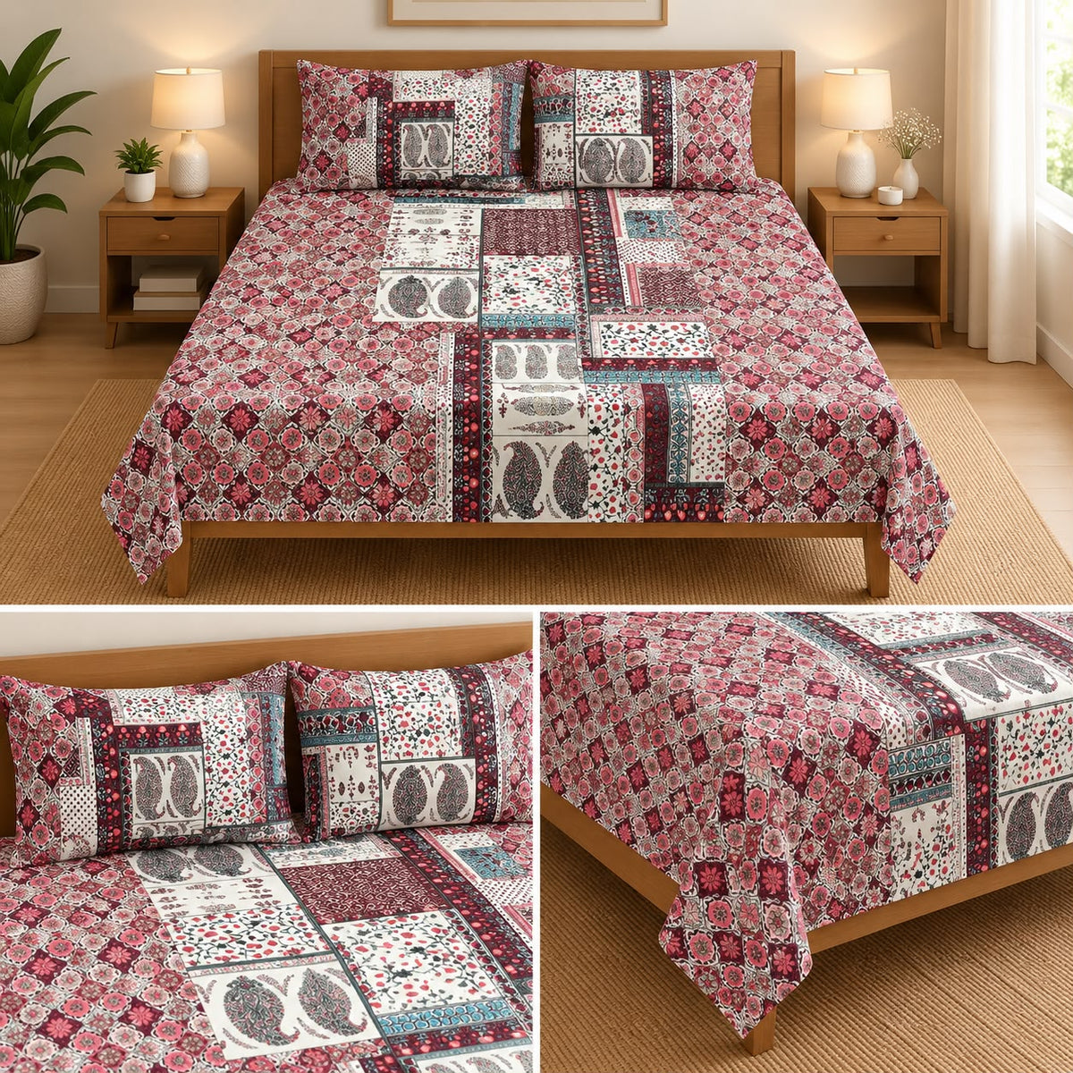 Jumbo Calcutta Phulkari Designs King Size Bedsheet Set (120 x 120 Inches) Product Code :- 55B145RKEH