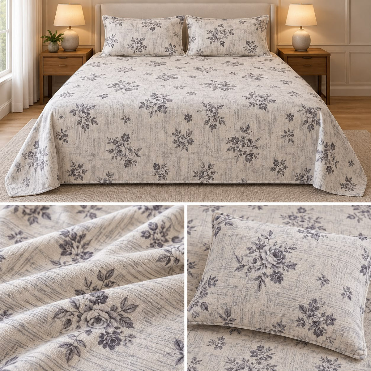 Premium English Garden Floral Winter Bedsheet Set – King Size 3 Pcs | Elegant Cotton Feel Designer Bedsheet