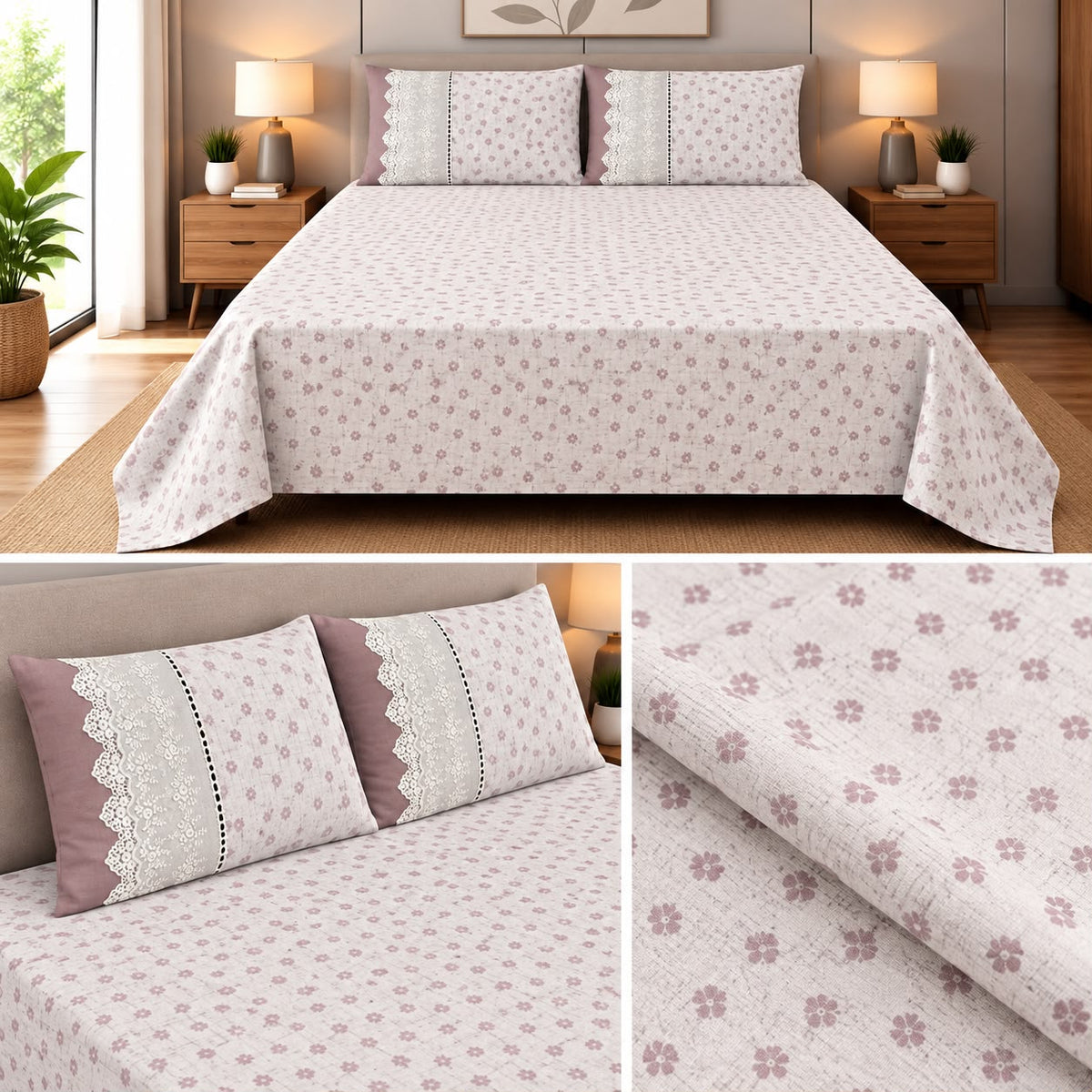 English Meadow Lace Cotton Bedsheet Set – King Size 3 Pcs