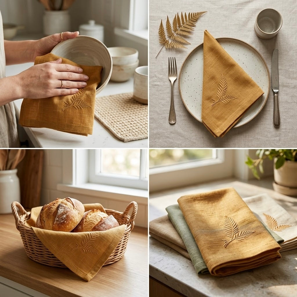 Embroidered Leaf Kitchen Towel / Dining Napkin Set – 6 Pcs - 16 X 16