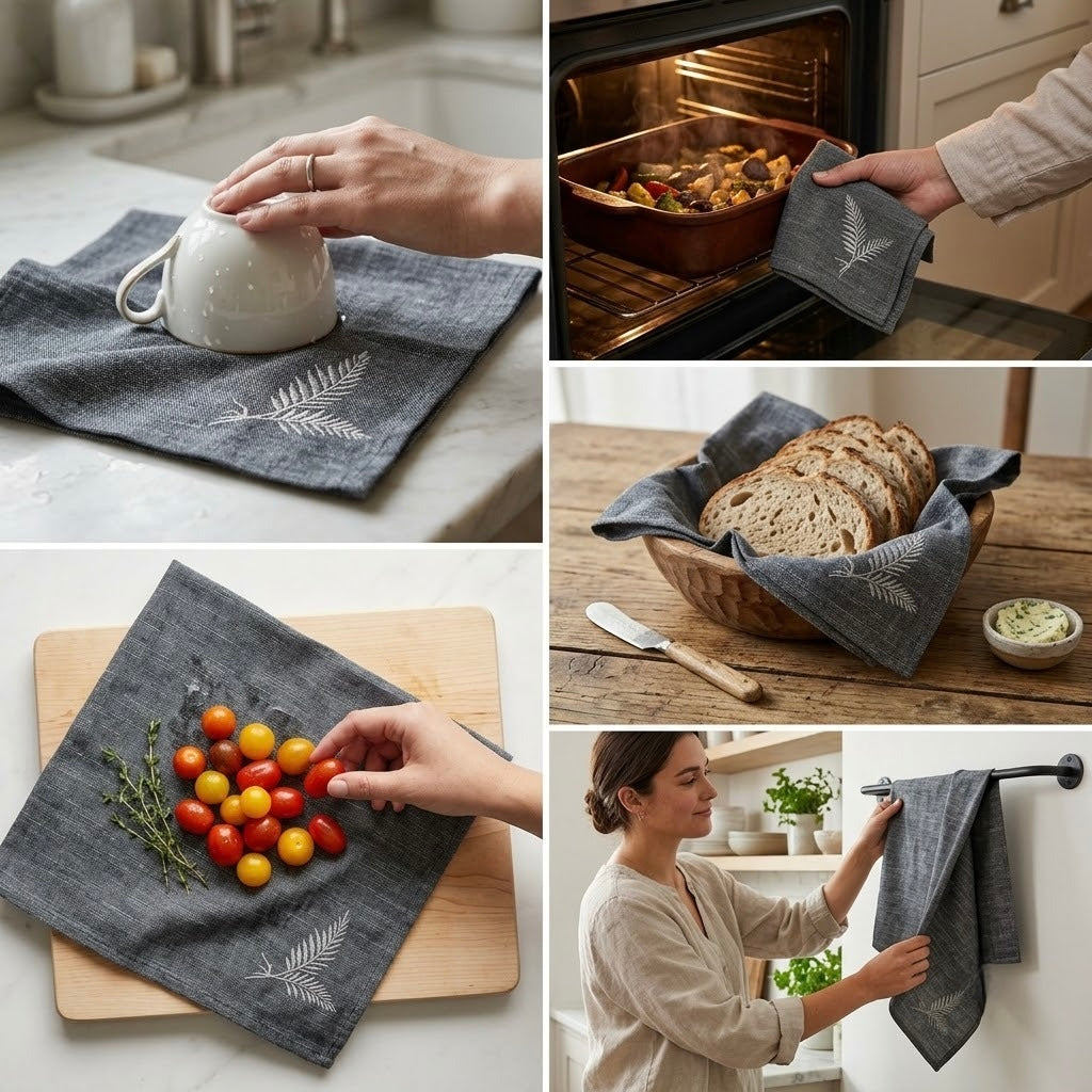 Embroidered Leaf Kitchen Towel / Dining Napkin Set – 6 Pcs - 16 X 16